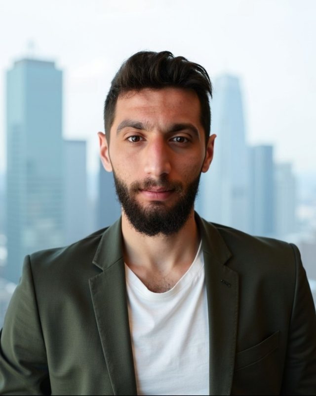Portrait of Abbass Darwish, a man with short dark hair and a beard, in an olive blazer over a white T-shirt, with a city skyline behind him